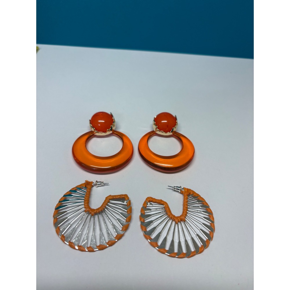 Orange Statement Earring Set Acrylic Hoop & Silver Tone Woven Fan 2 Pairs